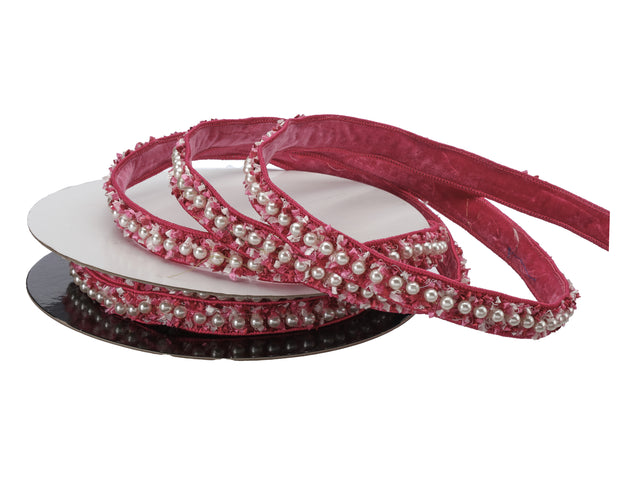 1" x 5YDS Hot Pink Velvet Ribbon with Pearl Edge