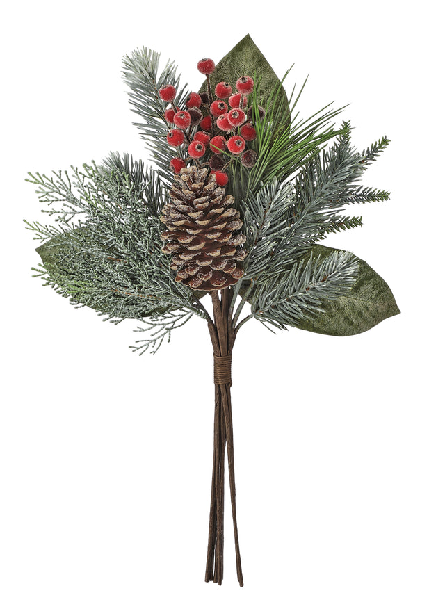 18" Red/Green UV Mixed Iced Pine/Berry/Cone Pick