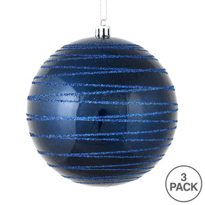 6" Midnight Blue Candy Finish Ball Ornament with Glitter Lines , 3/Bag