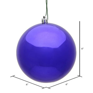 Purple Christmas ball ornament with dimensions on a white background