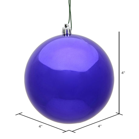 Purple Christmas ball ornament with dimensions on a white background