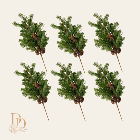 Six 29.5 inch soft touch pine sprays with natural pinecones, a Christmas spray bundle for wreaths and garland