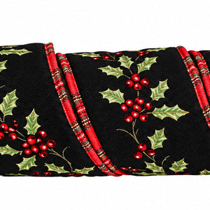 4 inchx5 yards Black Velvet Holly Leaf Velour Tartan Back Ribbon