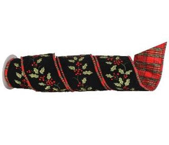 4"x5YDS  Black Velvet Holly Leaf Velour Tartan Back Ribbon