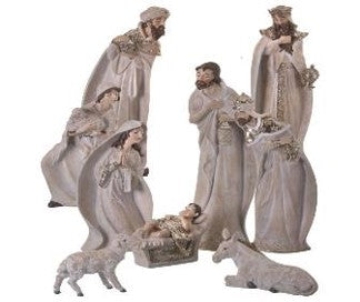 7"-18" Whitewash Nativity with Gold Trim, Set of 9
