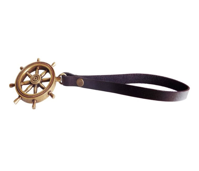 9" Brass and Leather Ship's Wheel Ornament with Strap