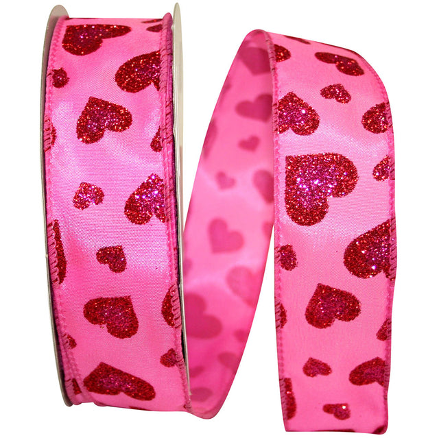 1.5" Pink Satin Glitter Hearts Wired Edge Ribbon | 20 Yards