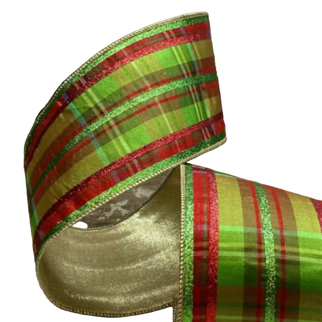 4" x 5 Yards Bitter Green/Red Dupion Plaid Glitter Stripe Ribbon