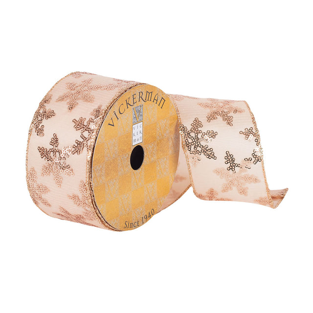 2.5" x 10 Yard Rose Gold Sequin Snowflakes Ribbon