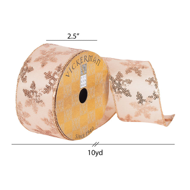 2.5" x 10 Yard Rose Gold Sequin Snowflakes Ribbon