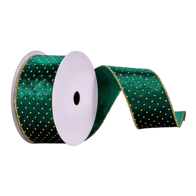 2.5" x 10 Yards Green Ribbon with Gold Dots | Wired Edge