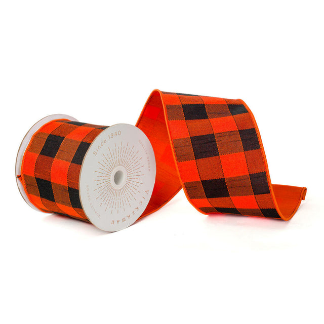 4" x 10 Yards Orange & Black Buffalo Check Ribbon with Orange Backing