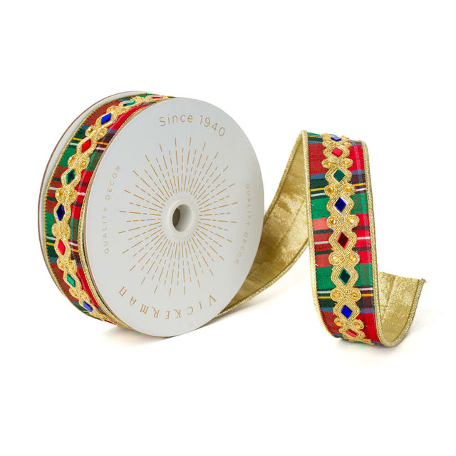 1.5" x 10 Yds Multicolor Traditional Plaid Ribbon with Jeweled Gold Appliqué