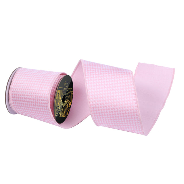 1" | 4" x 10Yd Pink & White Diagonal Checkerboard Ribbon