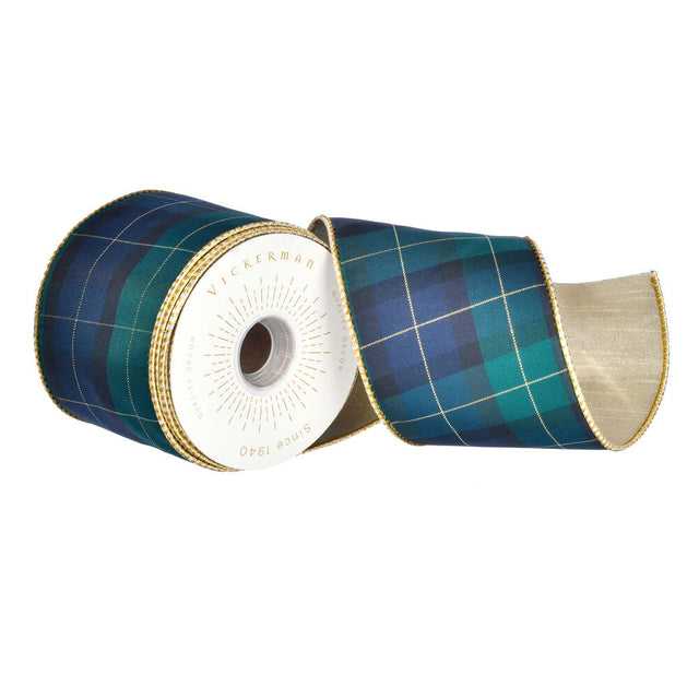 4" x 10 Yards Green, Navy, Black & Yellow Plaid Christmas Ribbon