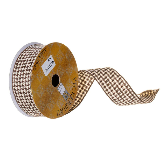 1.5" x 10 Yard Brown and White Houndstooth Wired Ribbon
