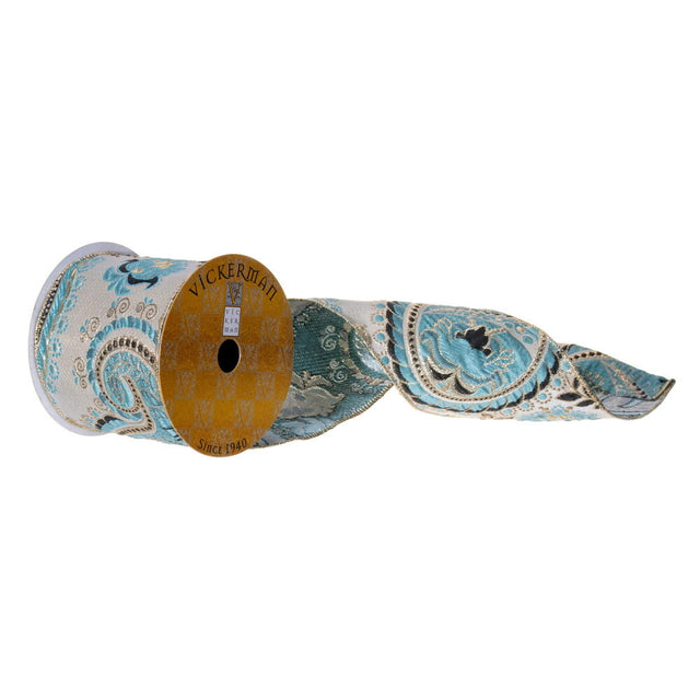 4" Light Blue | Pewter | Metallic | Paisley Ribbon- 10 Yards