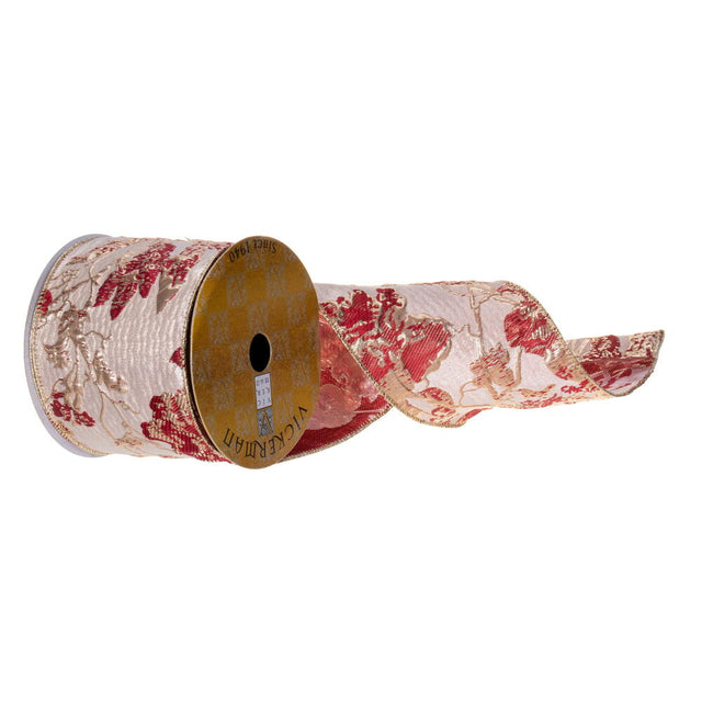 4" x 10 Yard Red and Champagne Abstract Metallic Wired Ribbon