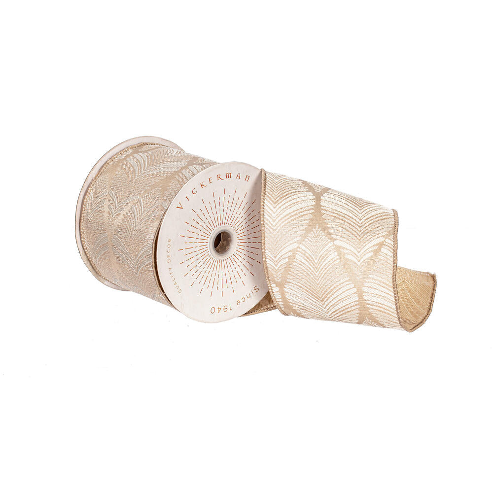 4" x 10 Yards Champagne White Feather or Burnish Orange Champagne Leaf Wired Ribbon