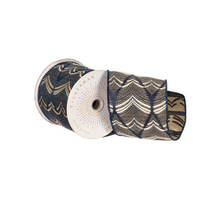 4" x 10 Yard Midnight Blue Champagne Feather Leaf Ribbon