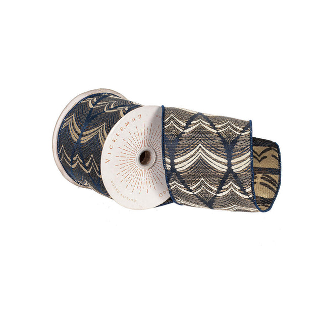 4" x 10 Yard Midnight Blue Champagne Feather Leaf Ribbon