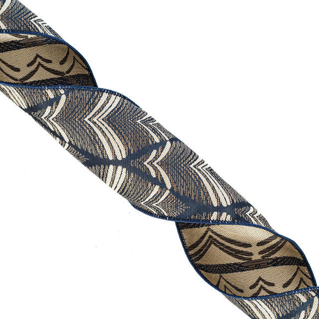 4" x 10 Yard Midnight Blue Champagne Feather Leaf Ribbon