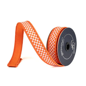 1" | 2.5" x 10YDS Orange & White Kitschy Check Farrisilk Wired Ribbon