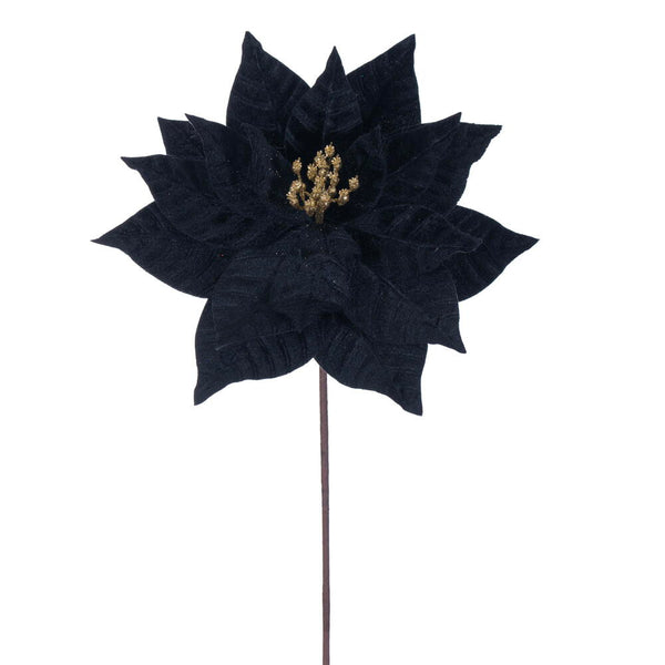 A 21.5 inch artificial black poinsettia stem with a gold glittered center, against a white background.