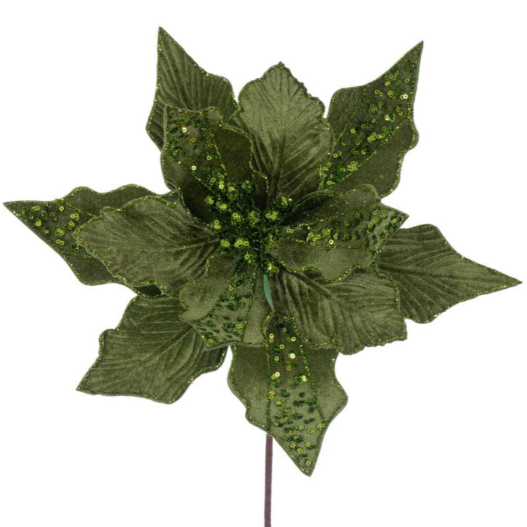 A 10" x 20" artificial lime velvet striped poinsettia stem with wired petals and a paper-wrapped stem, decorated with sparkling glitter.