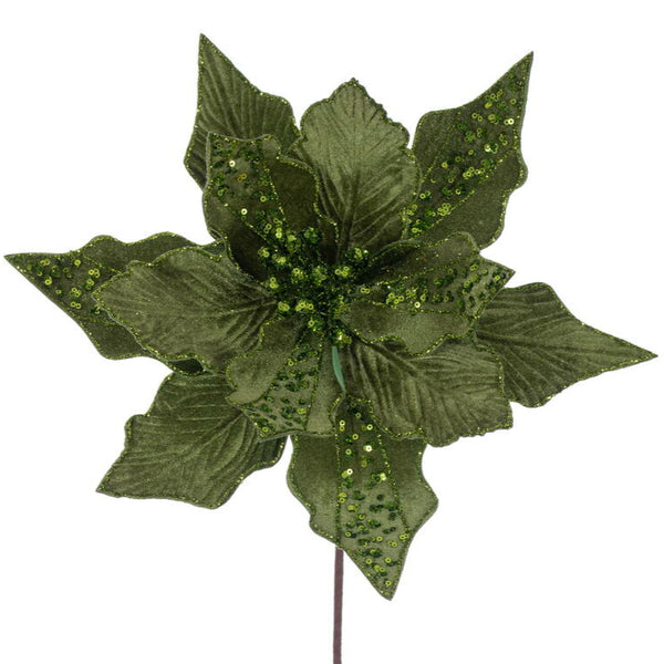 A 10" x 20" artificial lime velvet striped poinsettia stem with wired petals and a paper-wrapped stem, decorated with sparkling glitter.