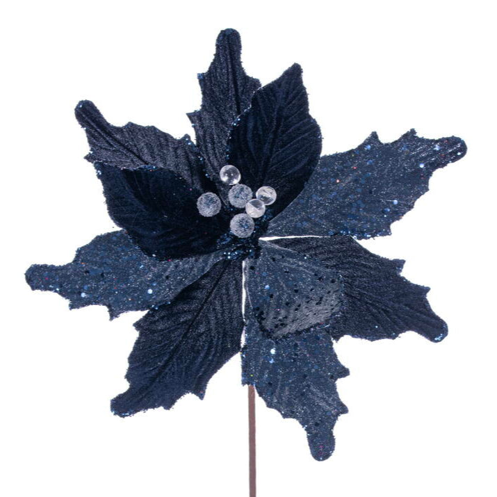 A artificial poinsettia stem with plush velvet petals dusted with glitter, in midnight blue color, with wired petals on a stem.