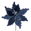 A artificial poinsettia stem with plush velvet petals dusted with glitter, in midnight blue color, with wired petals on a stem.