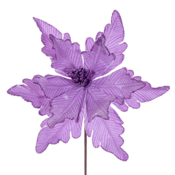 A artificial lavender velvet poinsettia stem with wired petals and a paper-wrapped wired stem.
