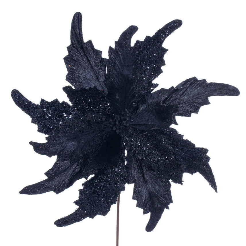 A 18-inch by 20-inch black velvet poinsettia stem with glitter on the petals, wired for shaping, against a white background.