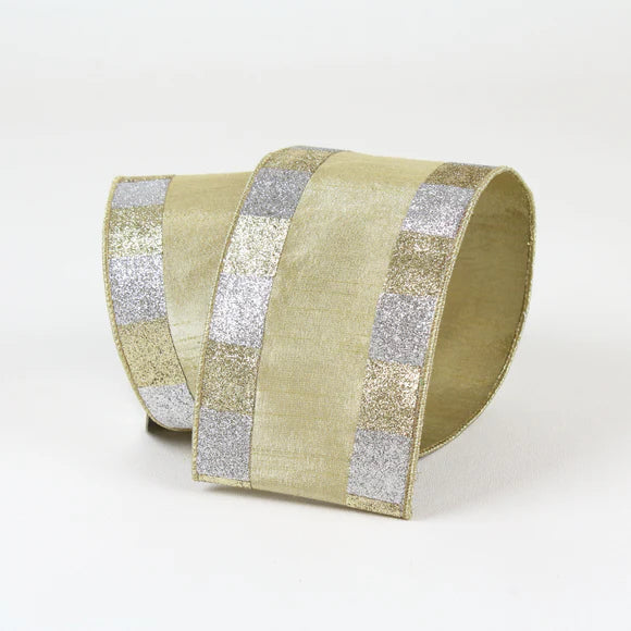 4" Gold/Silver Checkered Border Ribbon- 10 Yards
