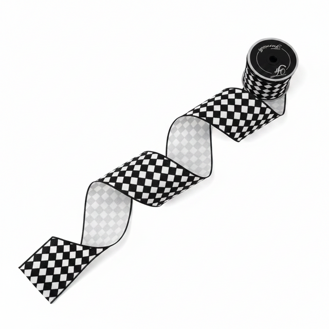 2.5" x 10 Yards Retro Harlequin Black & White Ribbon