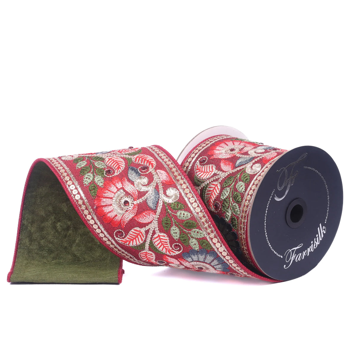 4" x 5YDS Freya Flower Farrisilk Wired Ribbon | Red, Green, Gold, Steel Blue