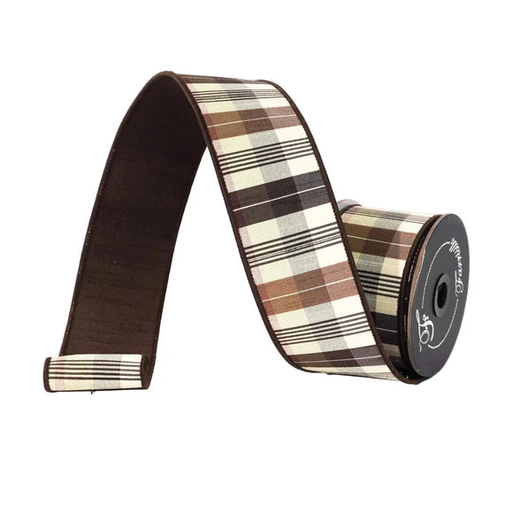 2.5" x 10YDS Chocolate & Beige Plaid Farrisilk Wired Ribbon