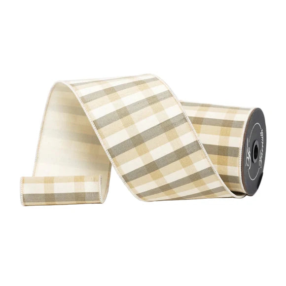 4" x 10YDS Ivory & Beige Christmas Plaid Farrisilk Wired Ribbon