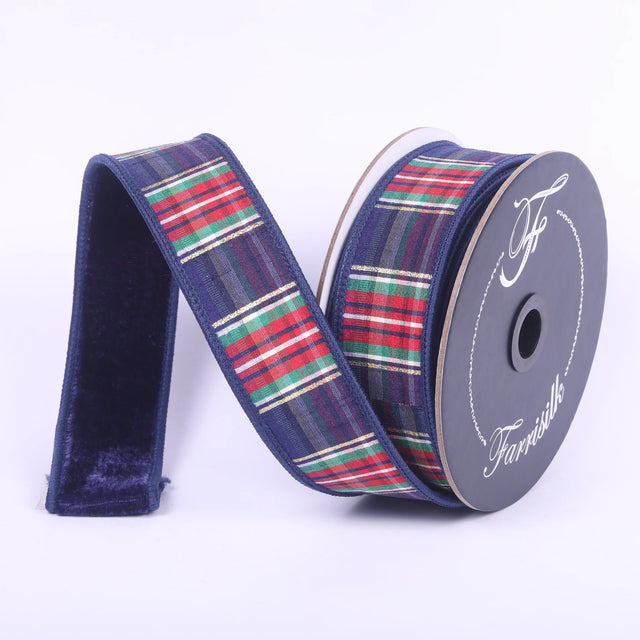 1.5" x 10YDS Navy Plaid Plush Farrisilk Wired Ribbon