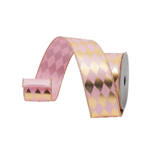 2.5" x 10YDS Frolly Harlequin Farrisilk Wired Ribbon | Pink, Gold