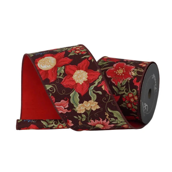 4" x 10YDS Canterbury Jacquard Farrisilk Wired Ribbon | Brown, Red, Green