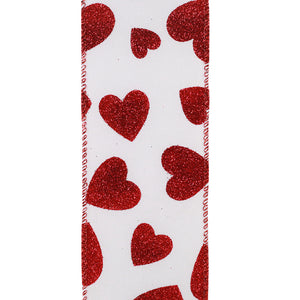 1.5" White& Red Glitter Hearts Taffeta Wired Edge Ribbon | 20 Yards