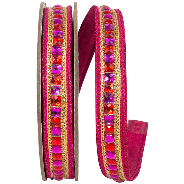 7/8"X5YDS Red & Fuchsia Jewel Accent Metallic Backed Wired Ribbon