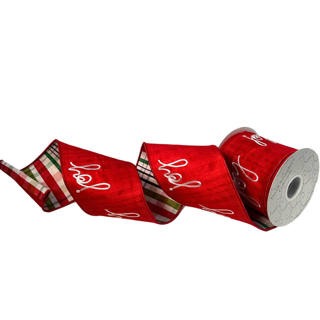 4" Red Faux Dupioni "JOY" Plaid Back Ribbon- 10 Yards