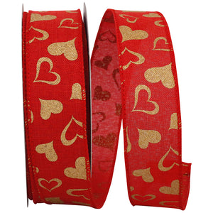 1.5" Red & Gold Heart Linen Wired Edge | 25 Yards