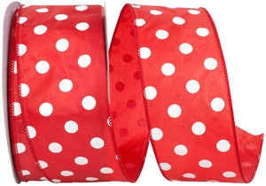 2.5" Red Satin Large White Dots Value Wired Ribbon | 50 Yards
