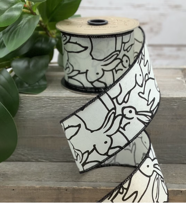 2.5" x 10yds Black & Ivory Rabbits Faux Linen Ribbon