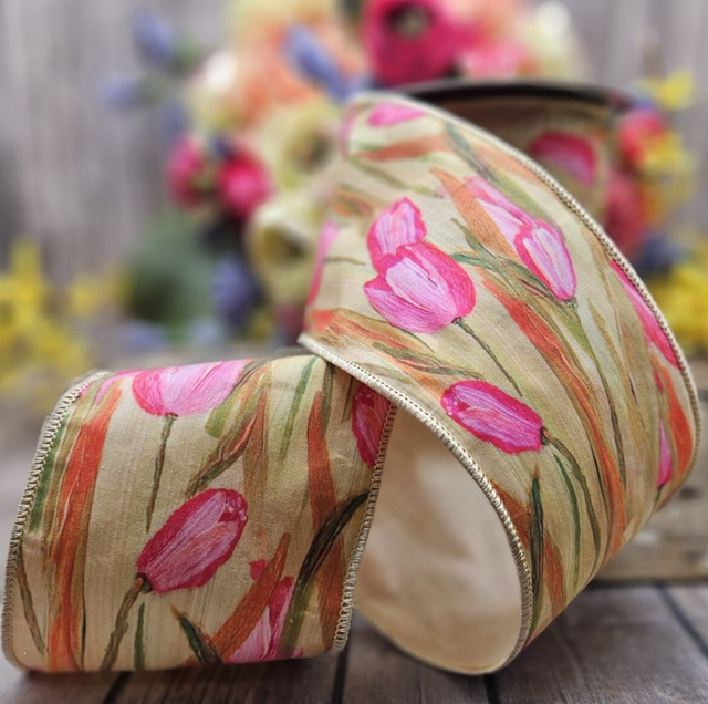 4" Poplin Watercolor Tulips Ribbon 10 Yards