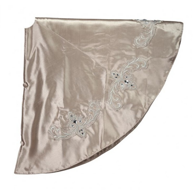 64" Taupe Embroidered Jeweled Acanthus Dupion Tree Skirt